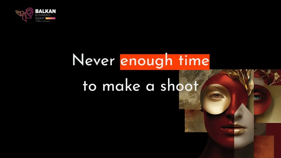 Slajd „Never enough time to make a shoot” z kolażem twarzy w czerwieni i złocie