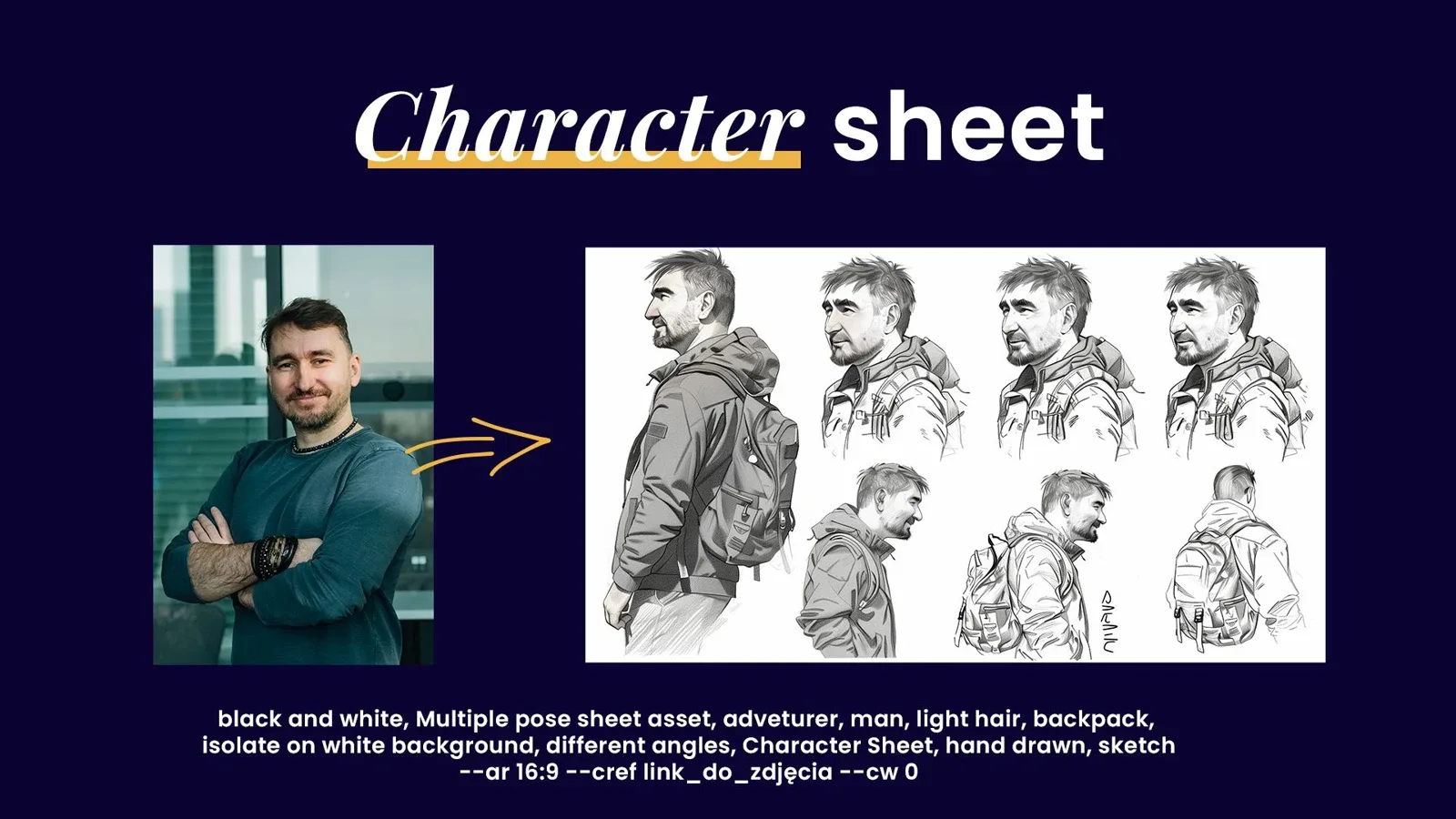 Slajd „Character sheet”: zdjęcie i wygenerowany arkusz postaci