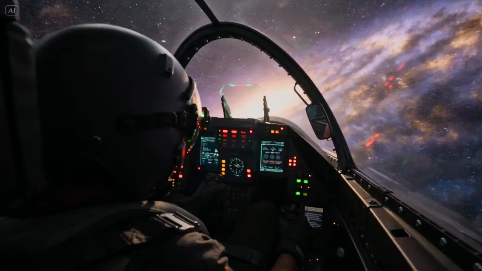 Pilot w kokpicie myśliwca na tle galaktyki - kadr z wideo AI Krystiana Wydro