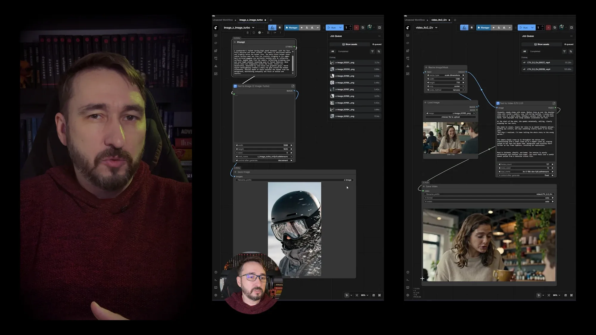 Three vertical frames from the films: Krystian Wydro talking to camera, next to image and video generation in ComfyUI
