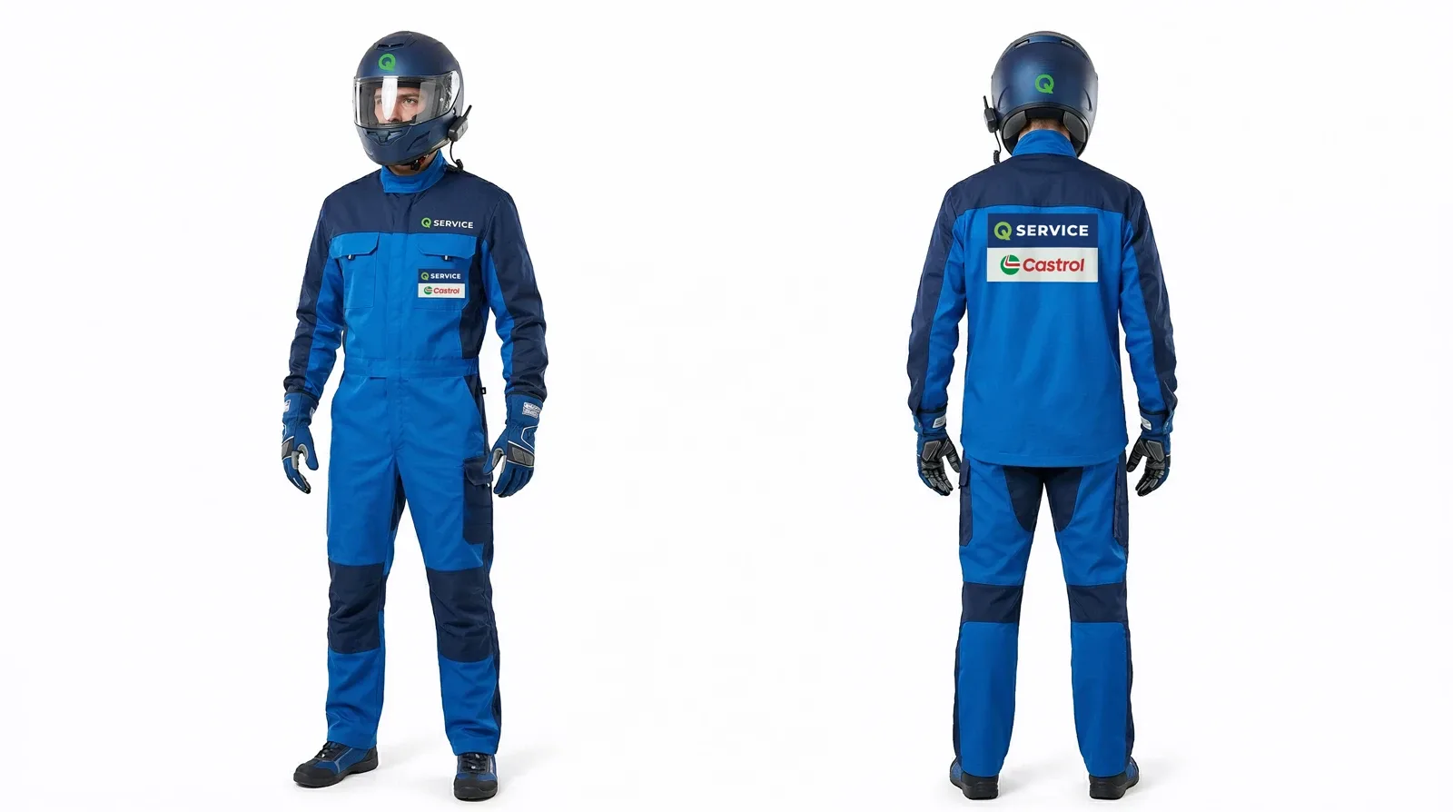 Q Service Castrol team overalls and helmet, front and back