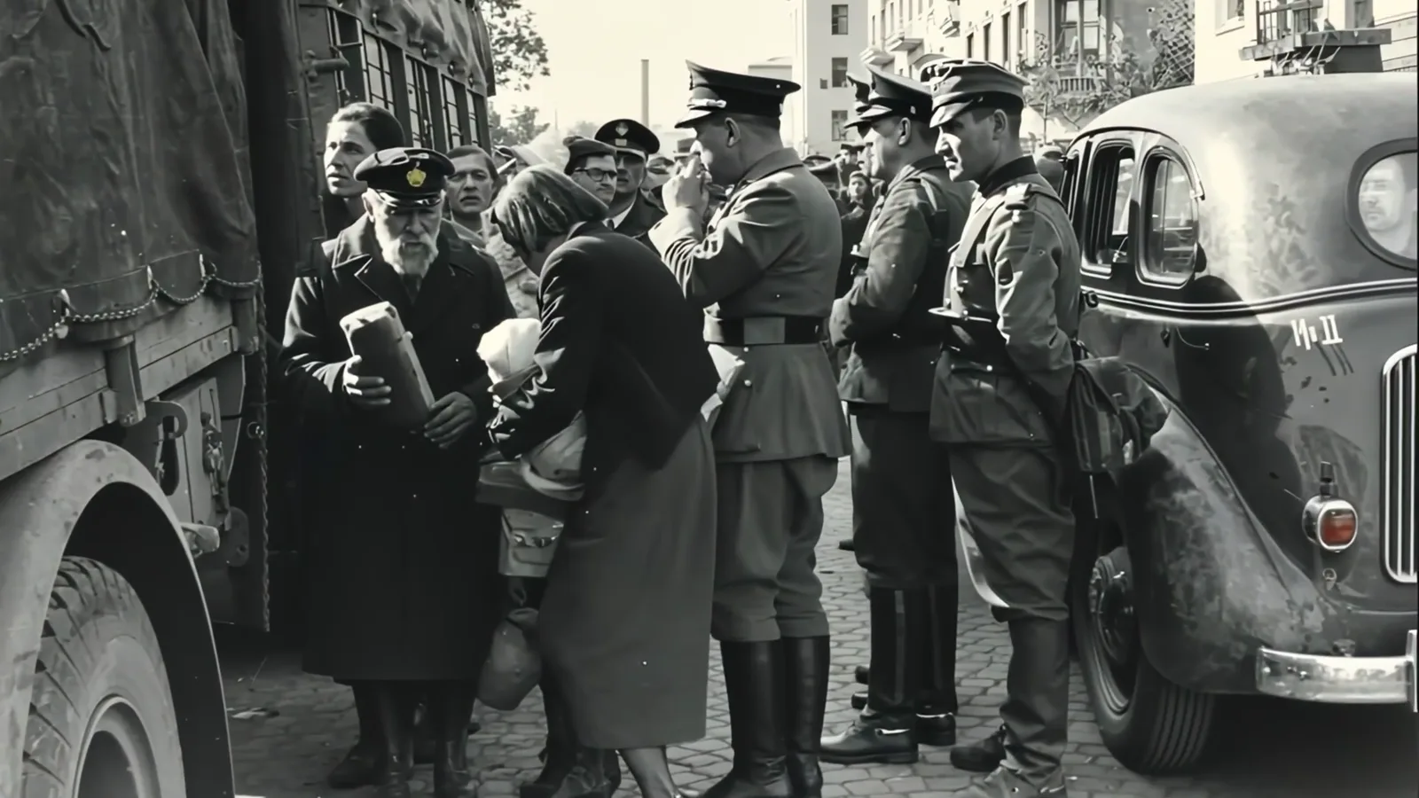 Soldiers and civilians by a car in the street