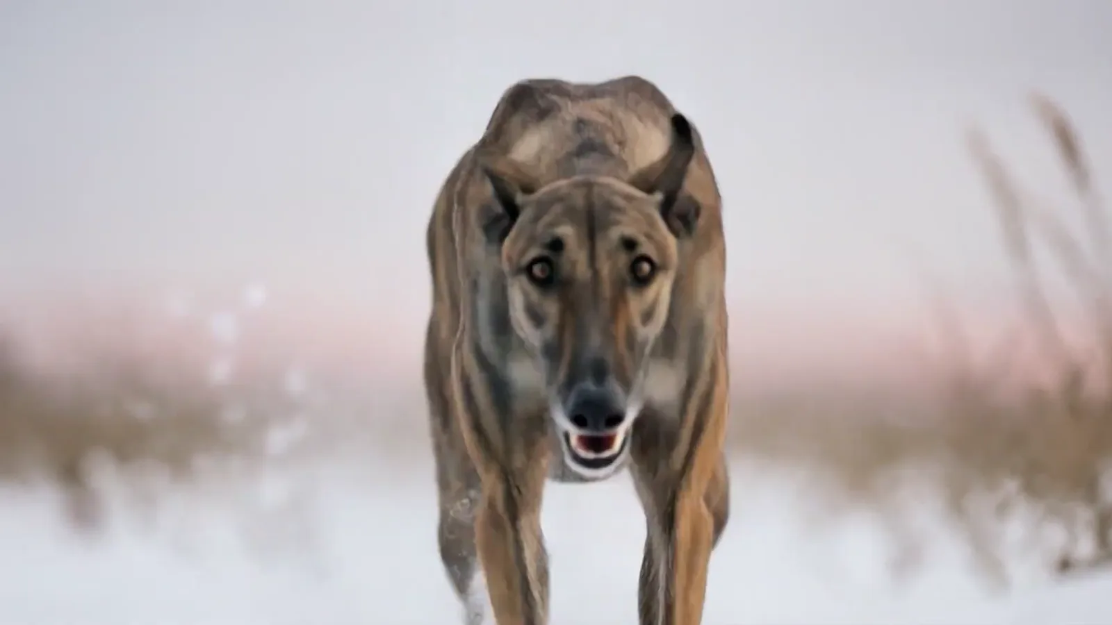 A wolf running across a snowy field