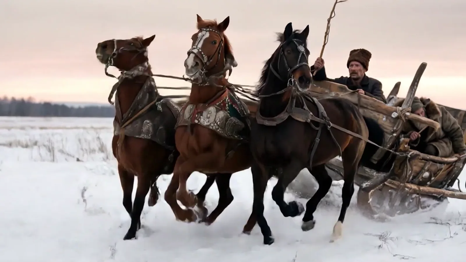 Three horses pulling a sleigh through snow at sunset