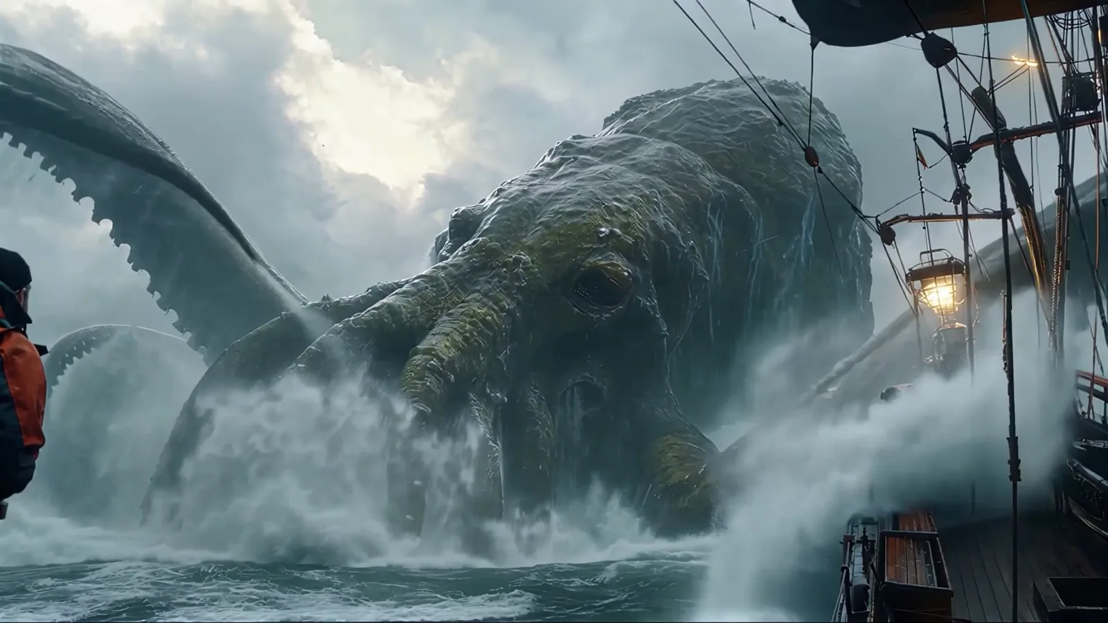A tentacled sea monster attacking a sailing ship