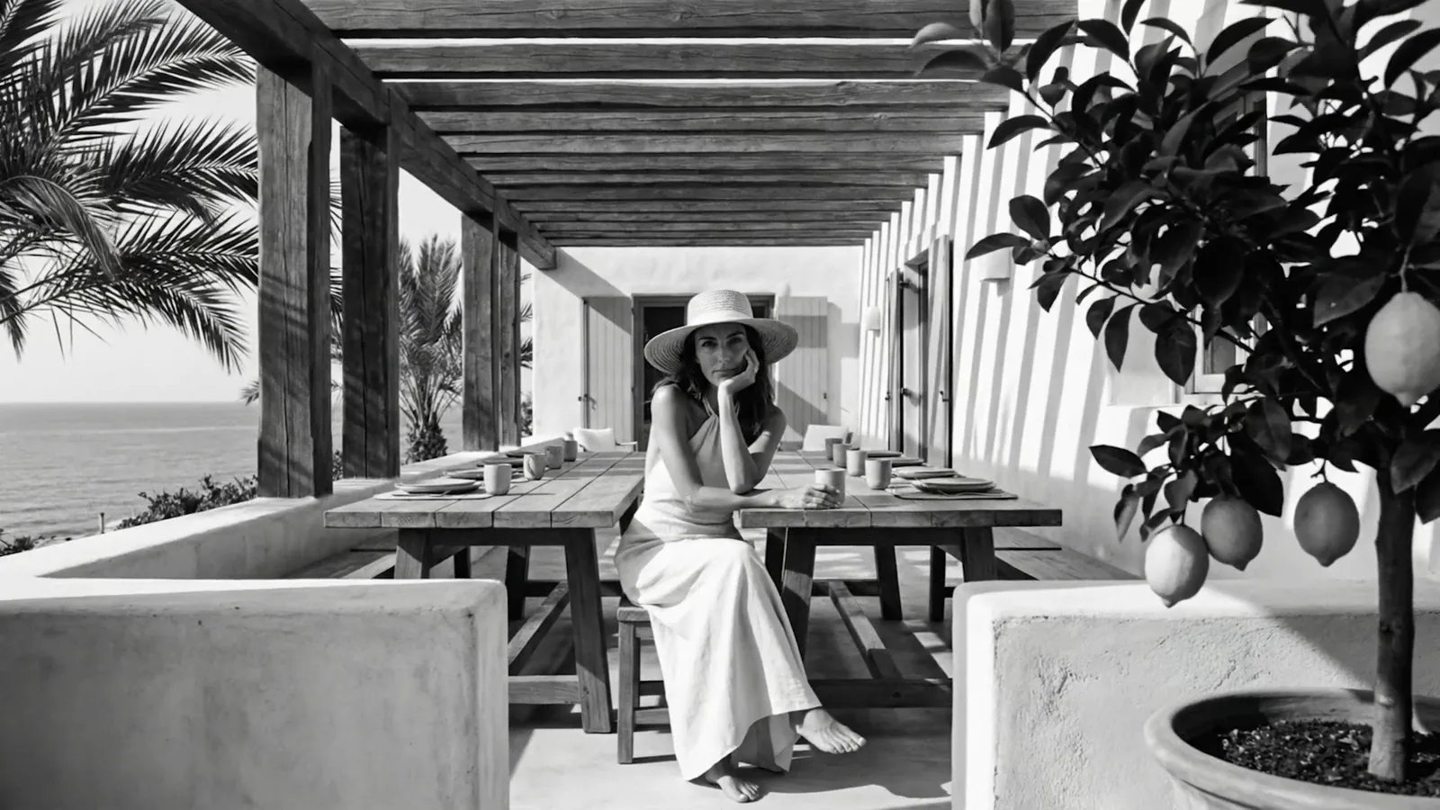 A woman at a table under a pergola next to a lemon tree