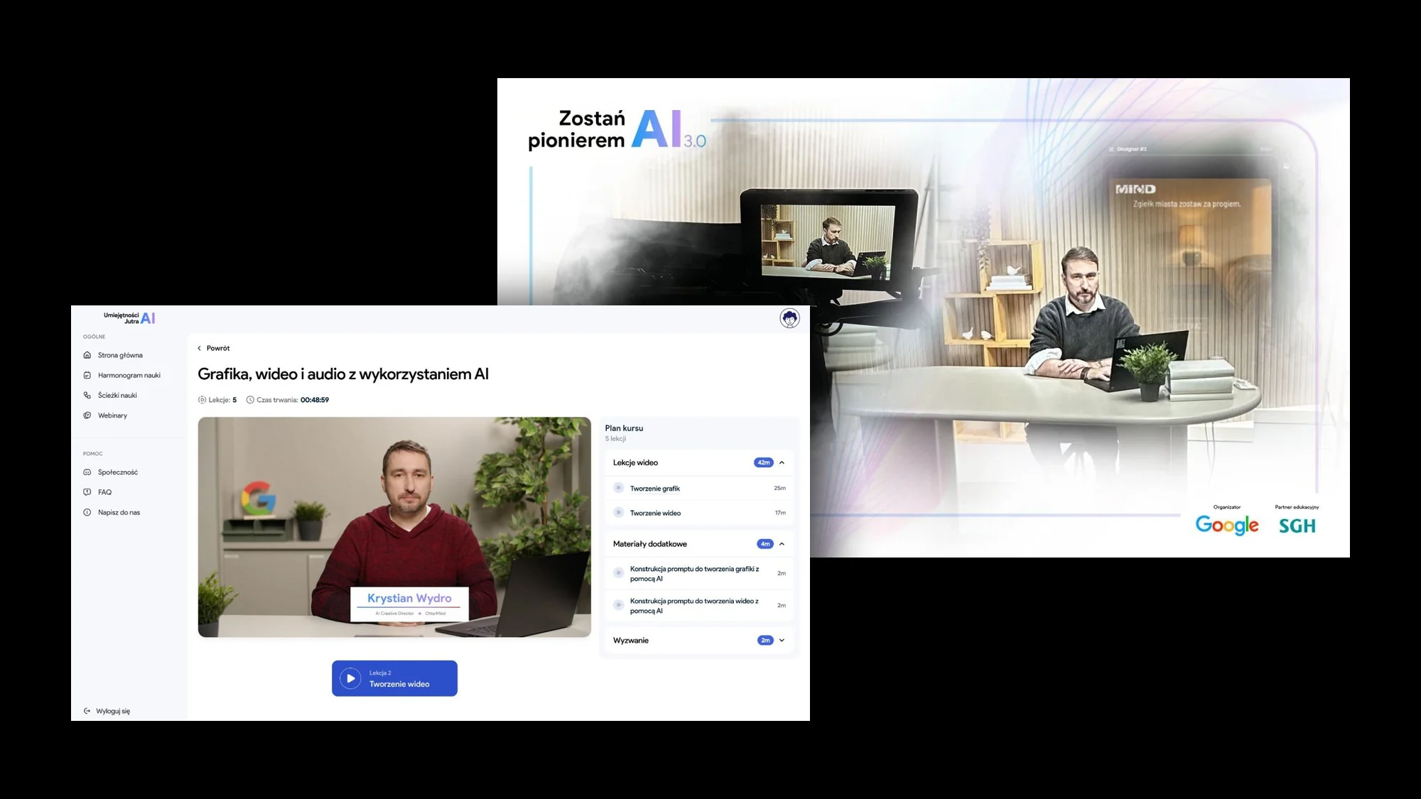 Umiejętności Jutra AI: the course platform with Krystian Wydro’s lesson and the set of the “Zostań pionierem AI 3.0” edition