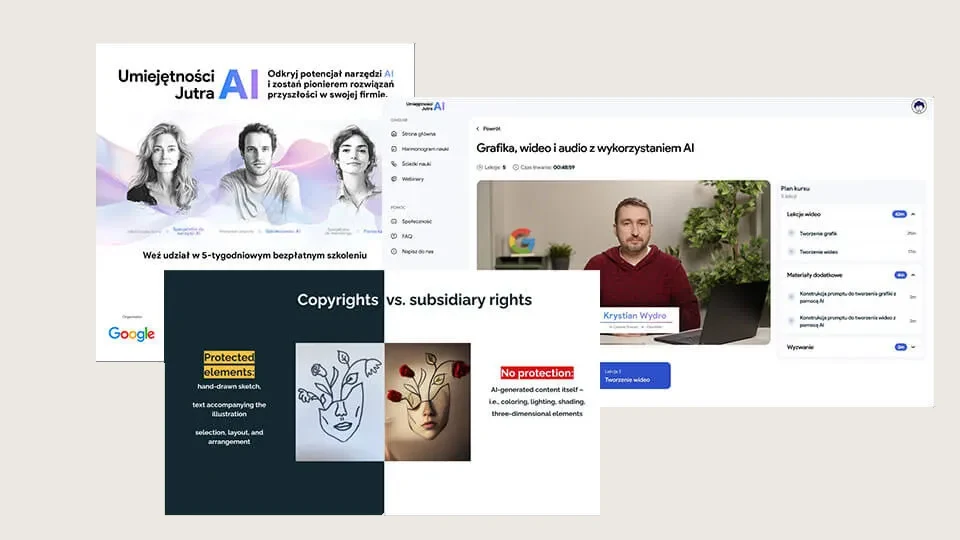 Umiejętności Jutra: ekrany kursu z lekcjami o grafice i wideo z AI