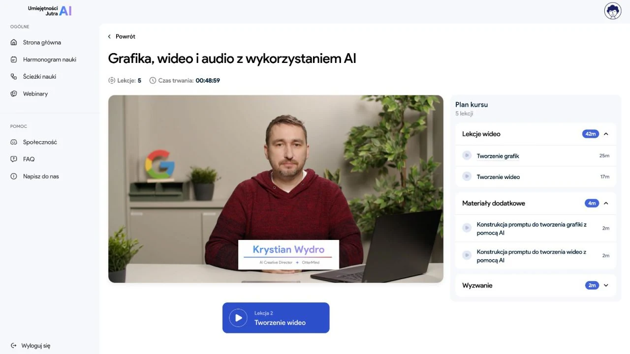 Umiejętności Jutra AI course platform with Krystian Wydro’s video lesson and the course plan