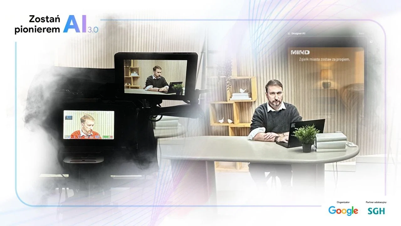 Krystian Wydro at a desk on set, a camera with preview monitors, Google and SGH logos