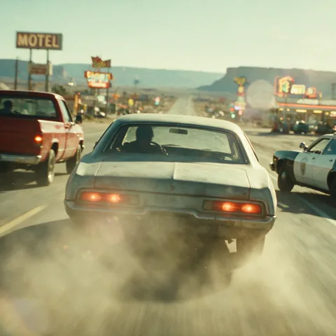AI film still: a vintage car pulling away in a cloud of dust by a motel