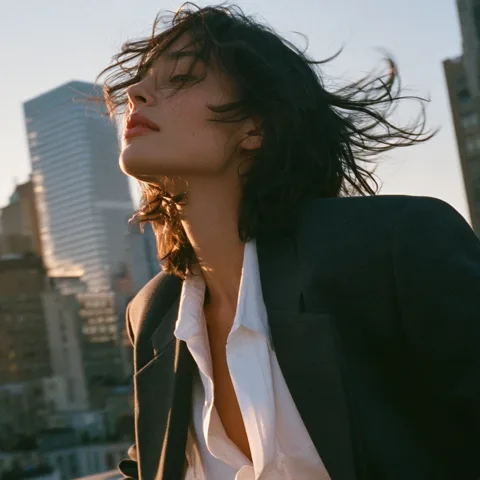 AI film still: a woman in a blazer against skyscrapers