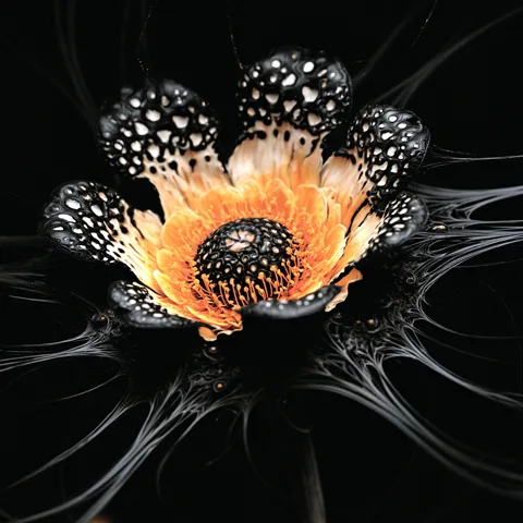 AI-generated image: a black and orange flower with exotic petals