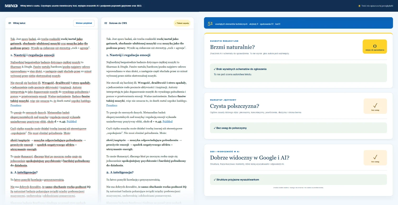Czystopis: tekst z czatu i wersja gotowa do CMS, obok weryfikacje: naturalne brzmienie, polszczyzna, SEO i widoczność w AI
