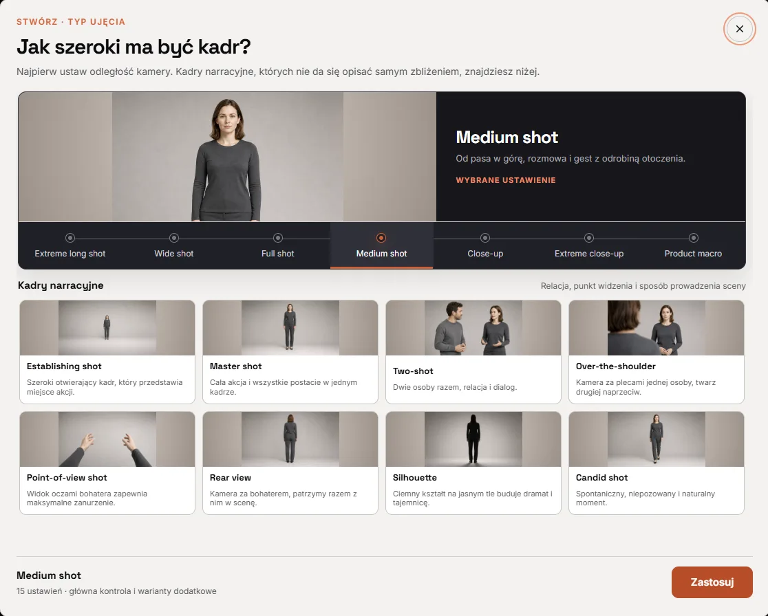 OtterMind Studio: wybór typu ujęcia, od planu ogólnego po makro produktu