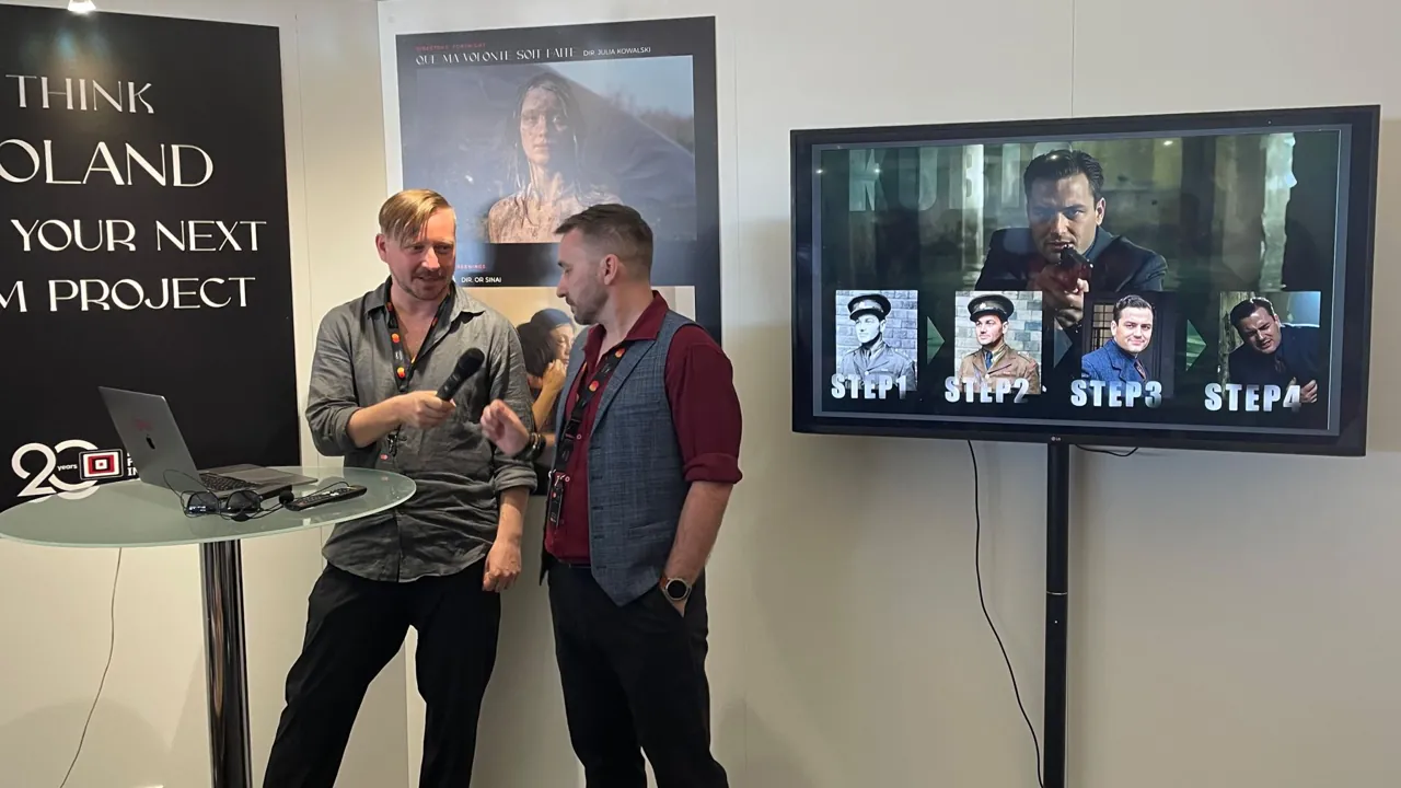 Krystian Wydro presenting the film Prague in the Polish pavilion at Marché du Film in Cannes